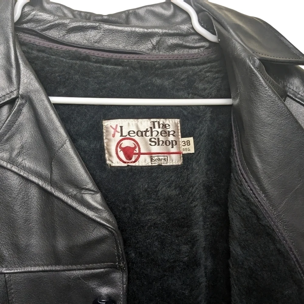 Vintage Leather Shop Sears Black Genuine Mens Jacket Coat Removable Lining 38 R